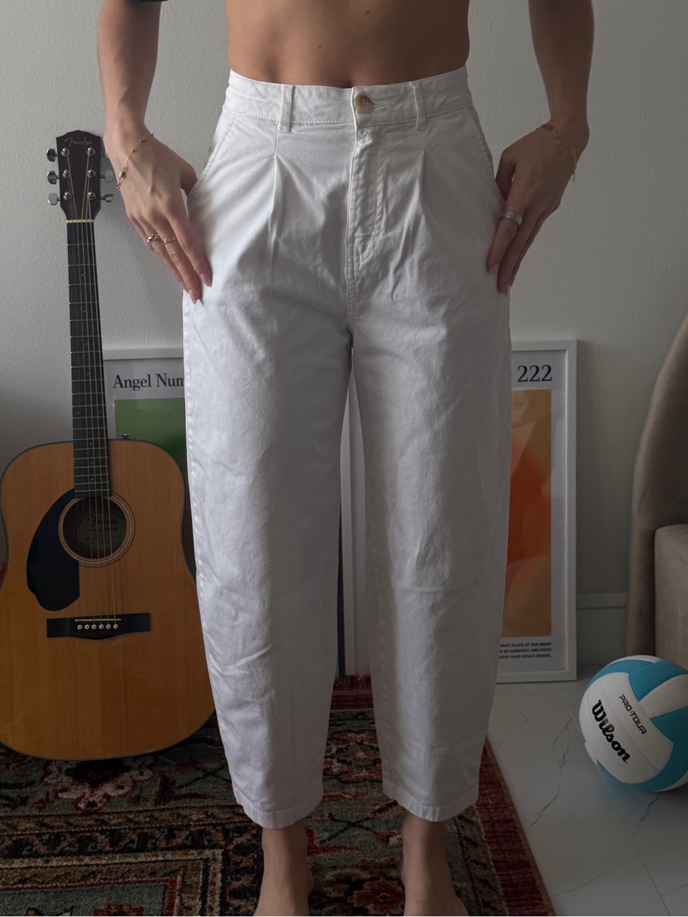 High-Waist White Cotton Tapered Pants